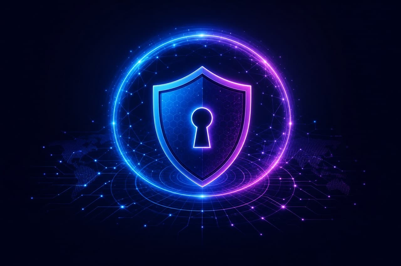 Concept illustration of a security shield and lock protecting a network.