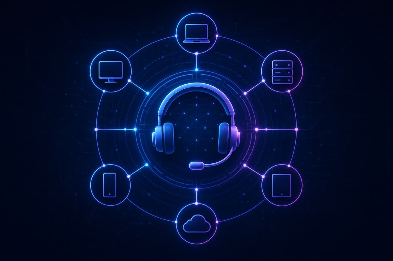 Concept illustration of a managed IT helpdesk: a headset over a network of connected devices.